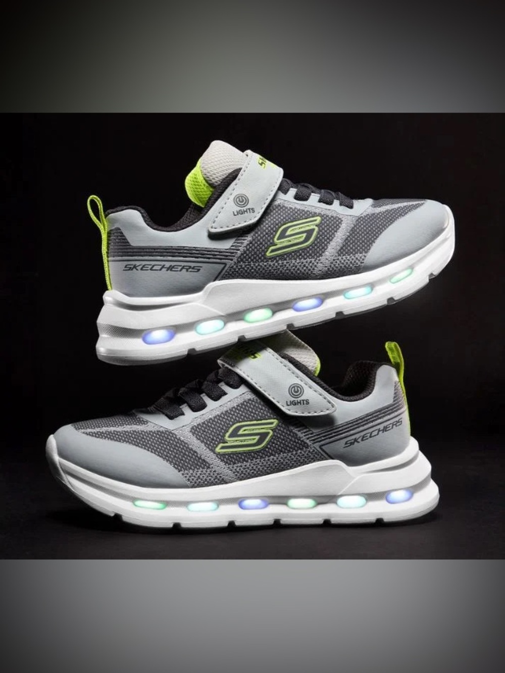 Skechers Kids' Light-Up Athletic‎ Sneakers - Gray with Neon Green Accents